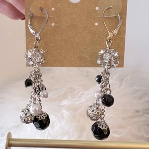 silvertone black & crystal long ball drop earrings
